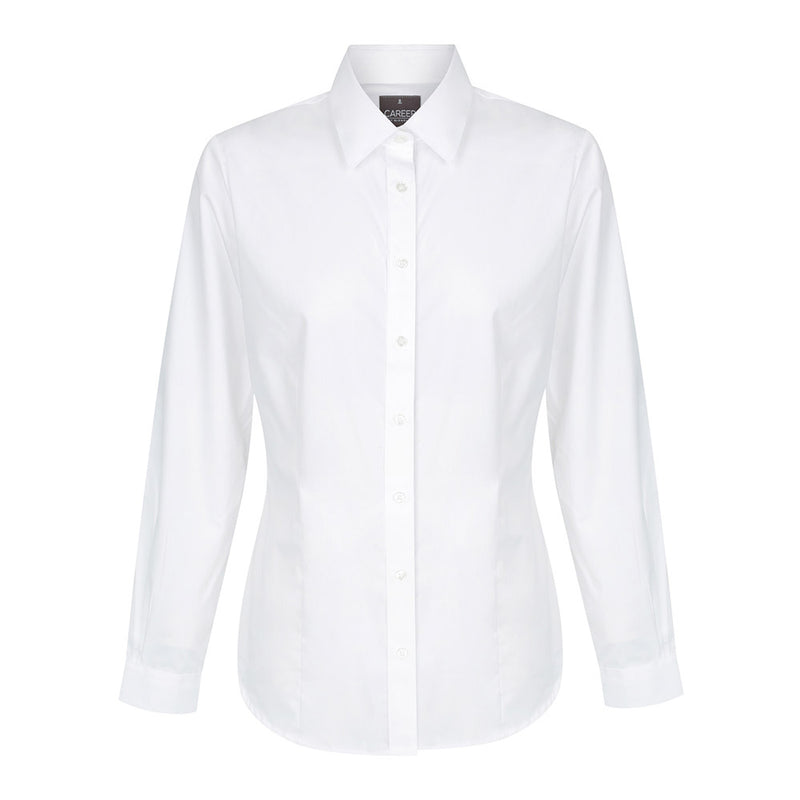 Load image into Gallery viewer, Nicholson Premium Poplin Long Sleeve Shirt on mannequin, featuring a classic collar, adjustable cuffs, and placket front with hidden modesty button, tailored with front and back darts for a slim fit.