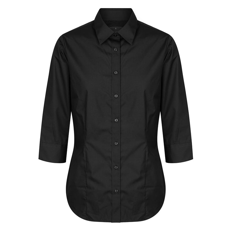 Load image into Gallery viewer, Premium Womens Poplin 3/4 Sleeve Shirt featuring a slim fit, classic collar, placket front, and adjustable cuffs, designed with front and back darts and a hidden modesty button for a polished, professional look.