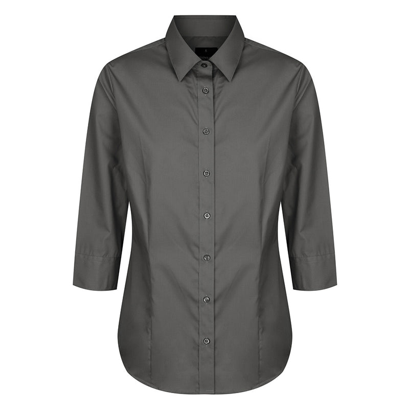 Load image into Gallery viewer, Premium Womens Poplin 3/4 Sleeve Shirt featuring a slim fit with placket front, classic collar, adjustable cuffs, and hidden modesty button, ideal for professional workwear in safety-focused environments.