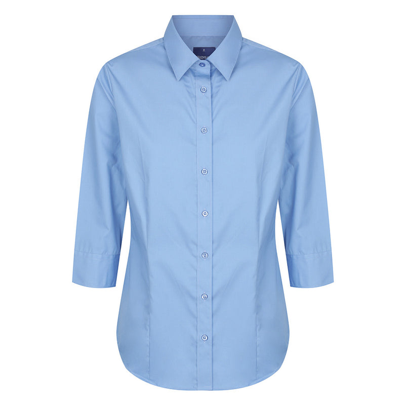 Load image into Gallery viewer, Premium Womens Poplin 3/4 Sleeve Shirt featuring a slim fit design with placket front, front and back darts, classic collar, adjustable cuffs, and a hidden modesty button, ideal for professional settings.