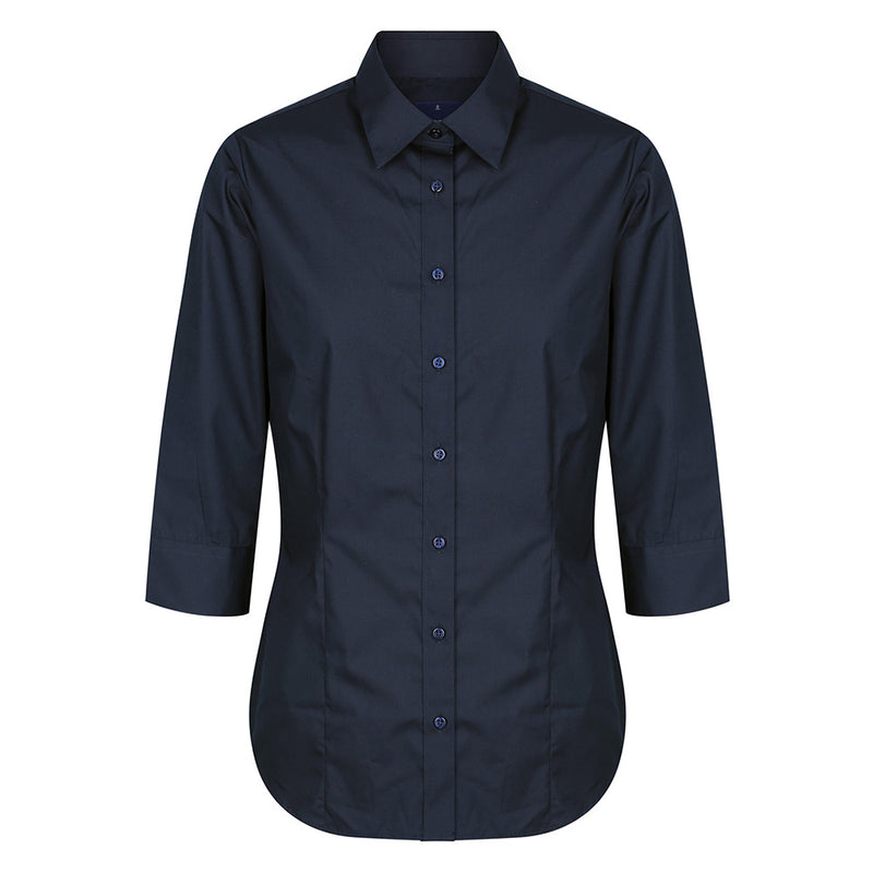 Load image into Gallery viewer, Premium Womens Poplin 3/4 Sleeve Shirt featuring a slim fit with placket front, classic collar, and adjustable cuffs. Crafted from a polyester-cotton blend, offers front and back darts plus a hidden modesty button.