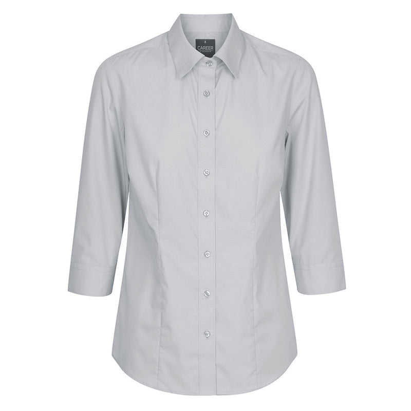 Load image into Gallery viewer, Premium Womens Poplin 3/4 Sleeve Shirt featuring a slim fit with placket front, front and back darts, a classic collar, adjustable cuff, and a hidden modesty button. Ideal for professional workwear.