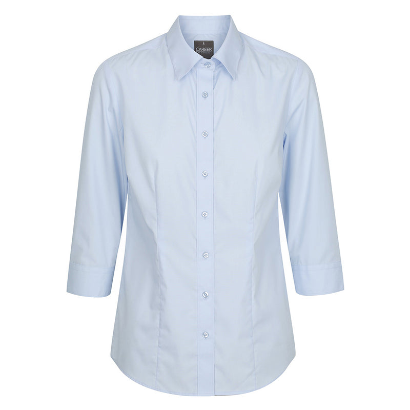 Load image into Gallery viewer, Premium Womens Poplin 3/4 Sleeve Shirt featuring a slim fit, classic collar, placket front, front and back darts, hidden modesty button, and adjustable cuffs. Ideal for active workplace environments.