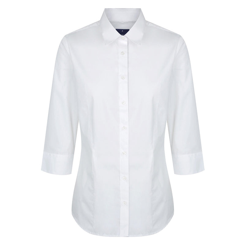 Load image into Gallery viewer, Premium Womens Poplin 3/4 Sleeve Shirt featuring a tailored slim fit with a classic collar, adjustable cuffs, and front and back darts, designed for professionalism and comfort in workplace settings.