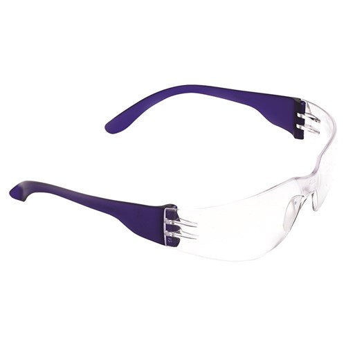Pro Tsunami Safety Glasses: Clear, featuring a single polycarbonate wraparound lens, designed for medium impact protection and 99.9% UV shielding, ideal for comfortable, all-day wear in active safety settings.