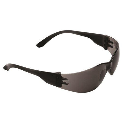 Pro Tsunami Safety Glasses: Smoke, featuring a sleek, one-piece polycarbonate wraparound lens designed for medium impact protection and 99.9% UV shielding, ideal for all-day comfort and safety.