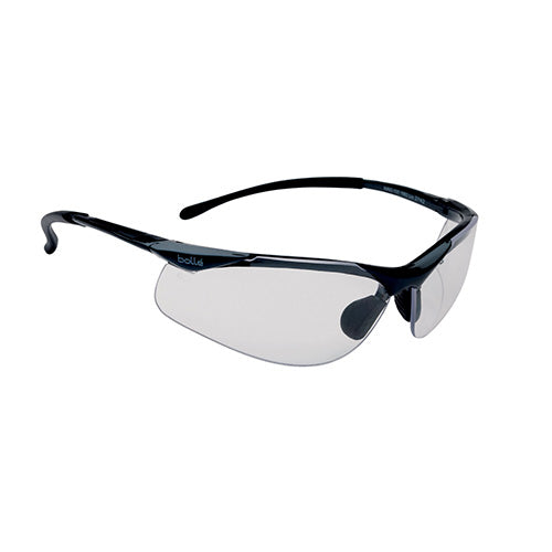 Bolle Contour Safety Glasses: Clear with high gloss, dark metal dual material frame and rubber nose pads, featuring platinum coating for scratch resistance and anti-fog performance, ideal for workplace safety.