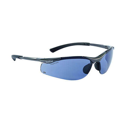 Bolle Contour Safety Glasses: Smoke feature a high gloss, dark metal dual material frame with platinum-coated lenses and rubber nose pads for comfort, emphasizing scratch resistance and anti-fogging properties.