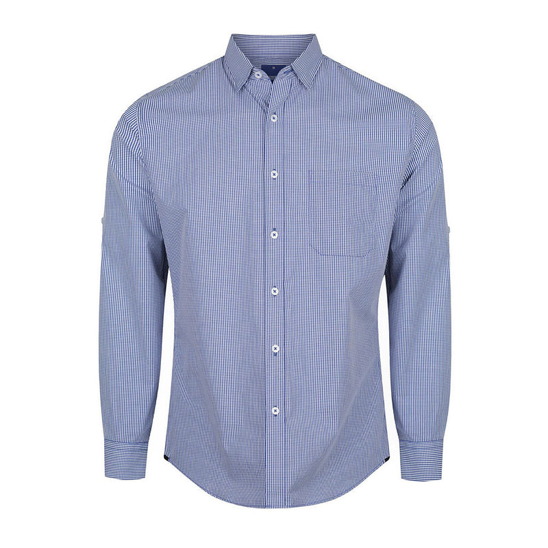 Load image into Gallery viewer, Westgarth Gingham Long Sleeve Slim Fit Shirt featuring a placket front, concealed button-down collar, left chest pocket, roll-up sleeve tabs, and adjustable cuffs, ideal for a professional yet casual work environment.