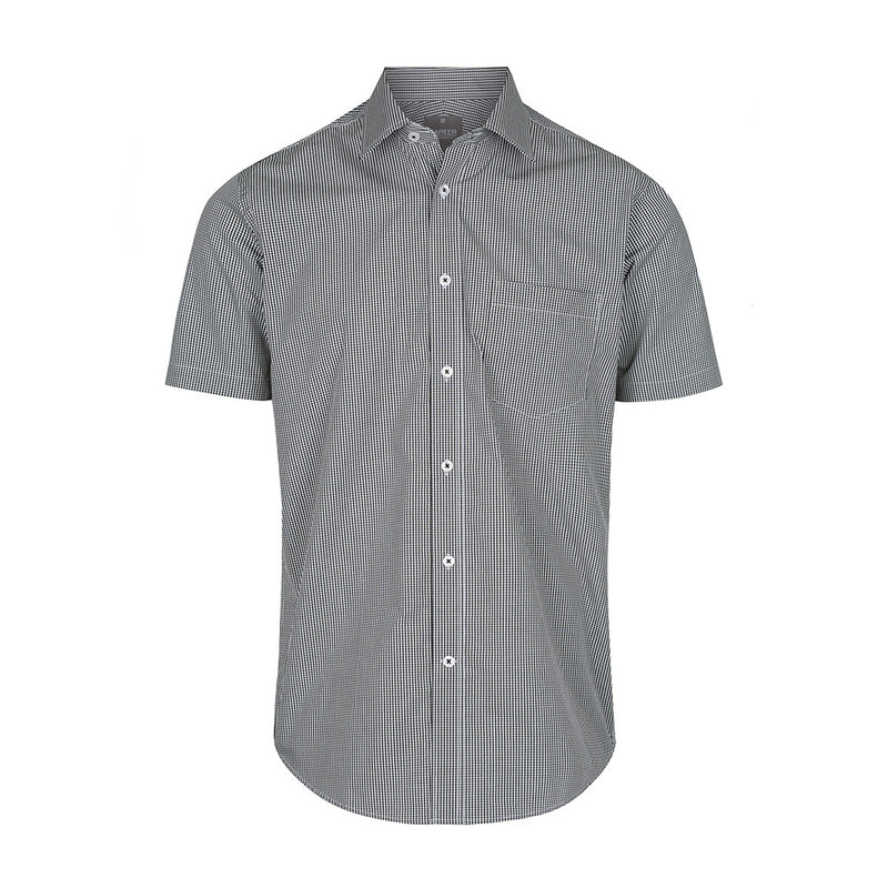 Load image into Gallery viewer, Westgarth Gingham Short Sleeve Shirt featuring a black and white checkered pattern, contemporary fit, classic collar, placket front, and a left chest pocket, ideal for professional or safety work environments.
