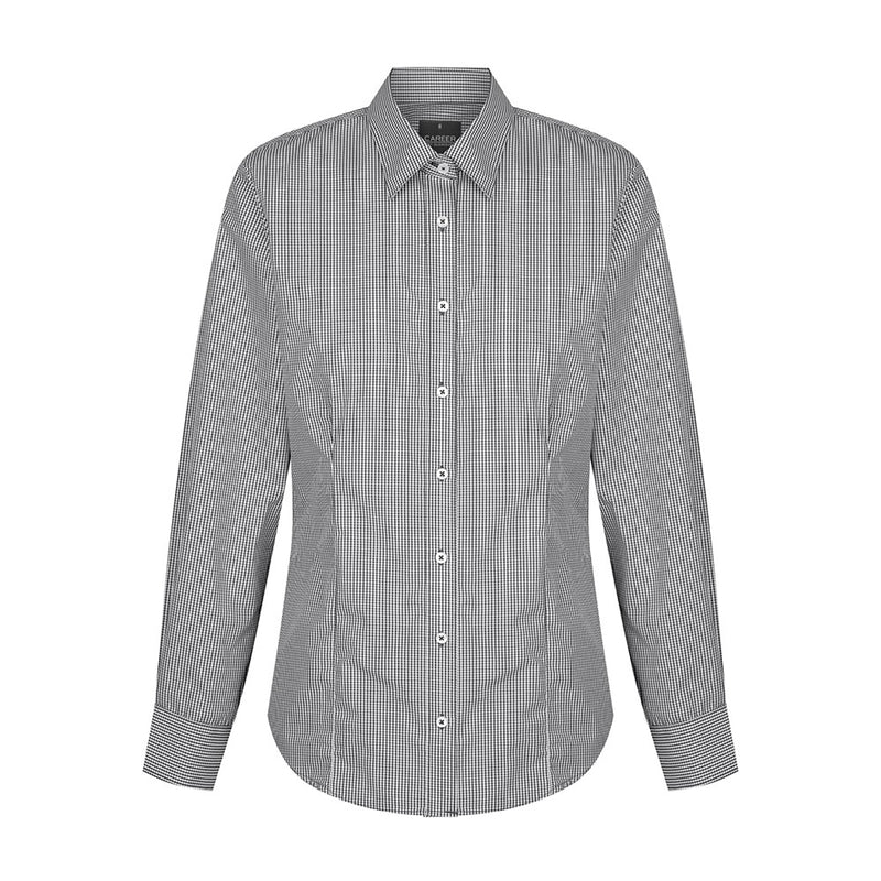 Load image into Gallery viewer, Westgarth Women's Gingham Long Sleeve Shirt featuring a contemporary fit, classic collar, placket front, action back pleats, and hidden modesty button, ideal for workplace safety and comfort.