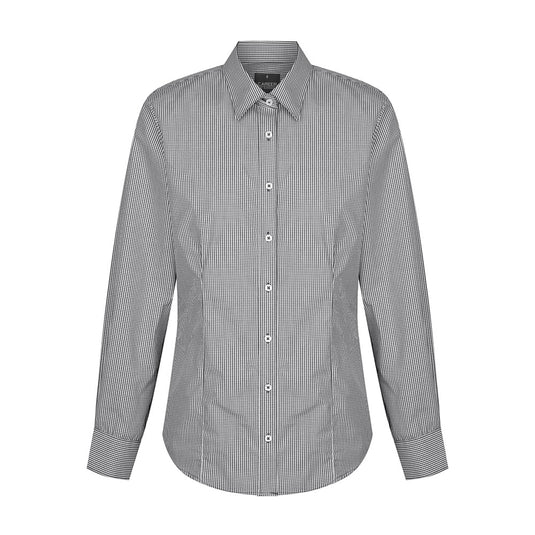 Westgarth Women's Gingham Long Sleeve Shirt featuring a contemporary fit, classic collar, placket front, action back pleats, and hidden modesty button, ideal for workplace safety and comfort.