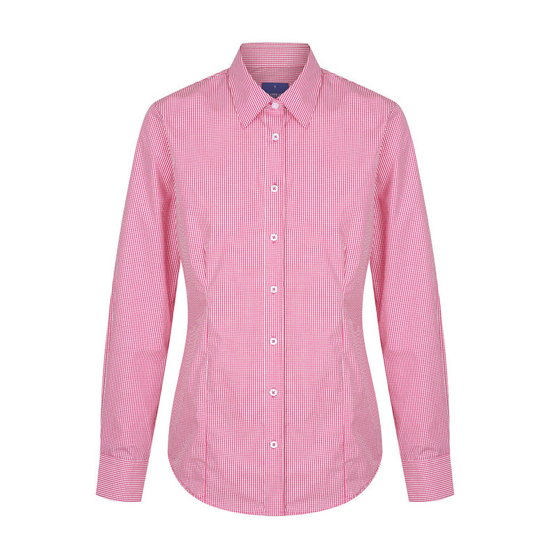 Load image into Gallery viewer, Westgarth Women's Gingham Long Sleeve Shirt featuring a red and white checked pattern, classic collar, placket front, action back pleats, and hidden modesty button, suitable for professional and casual workwear.