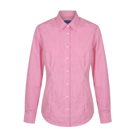 Westgarth Women's Gingham Long Sleeve Shirt featuring a red and white checked pattern, classic collar, placket front, action back pleats, and hidden modesty button, suitable for professional and casual workwear.