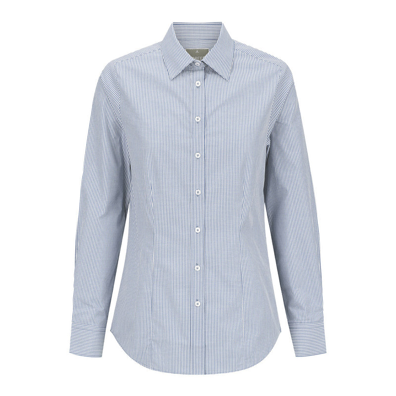 Load image into Gallery viewer, Westgarth Women's Gingham Long Sleeve Shirt features a contemporary fit with a classic collar and placket front, enhanced by action back pleats and a hidden modesty button for workplace comfort.