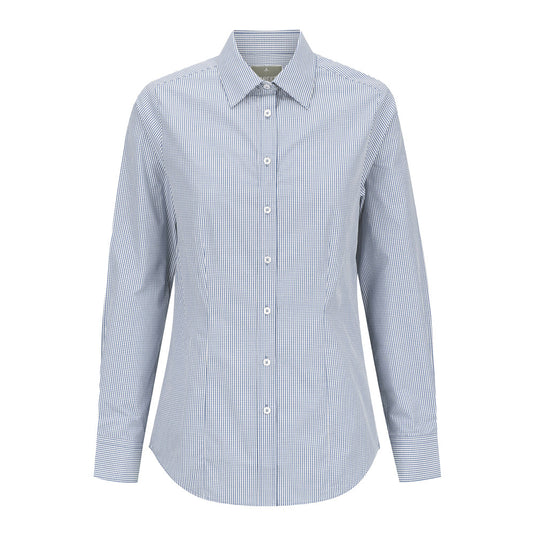 Westgarth Women's Gingham Long Sleeve Shirt features a contemporary fit with a classic collar and placket front, enhanced by action back pleats and a hidden modesty button for workplace comfort.