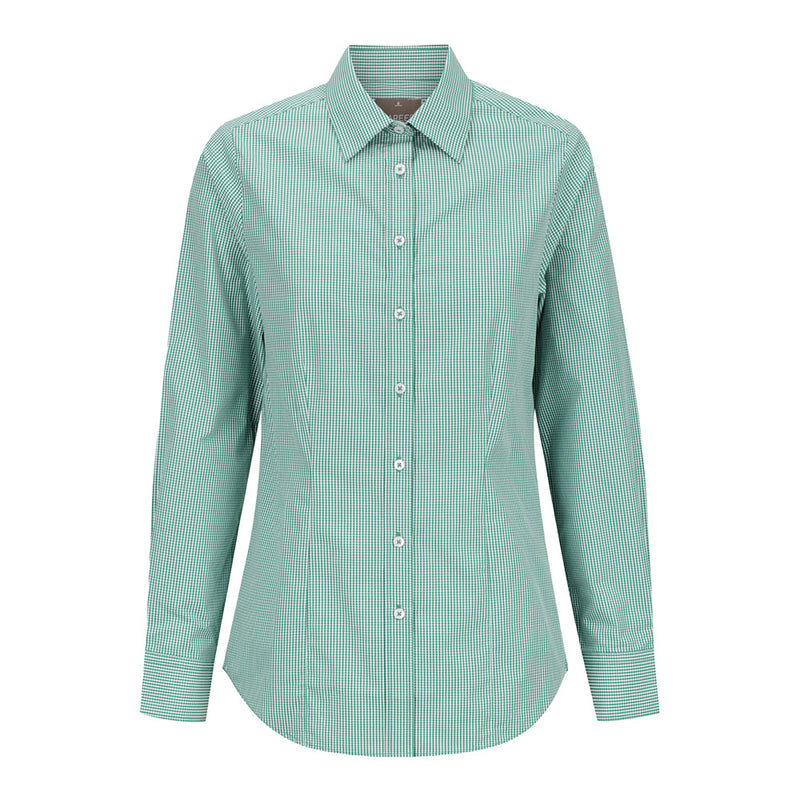 Load image into Gallery viewer, Westgarth Women's Gingham Long Sleeve Shirt featuring a placket front, classic collar, and action back pleats with a hidden modesty button, ideal for a professional yet casual workplace look.
