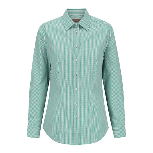 Westgarth Women's Gingham Long Sleeve Shirt featuring a placket front, classic collar, and action back pleats with a hidden modesty button, ideal for a professional yet casual workplace look.
