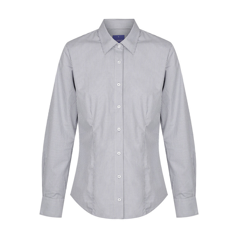 Load image into Gallery viewer, Westgarth Women's Gingham Long Sleeve Shirt featuring a classic collar, placket front, action back pleats, and a hidden modesty button, ideal for professional and casual workwear.