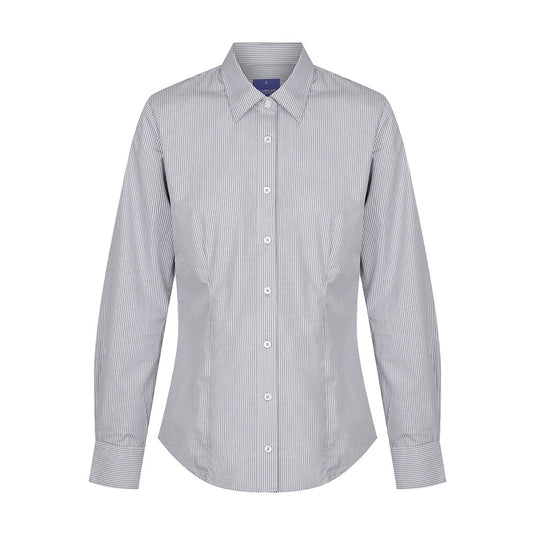 Westgarth Women's Gingham Long Sleeve Shirt featuring a classic collar, placket front, action back pleats, and a hidden modesty button, ideal for professional and casual workwear.