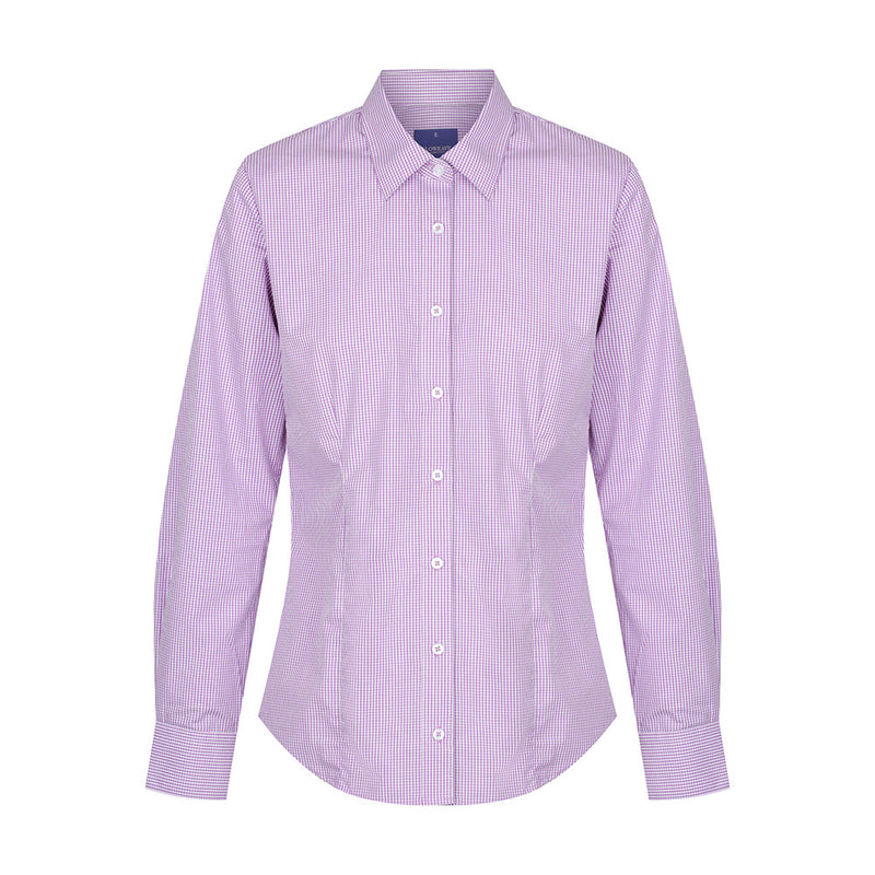 Load image into Gallery viewer, Westgarth Women's Gingham Long Sleeve Shirt featuring a purple and white checkered pattern, classic collar, placket front, and action back pleats, ideal for casual and workplace settings.