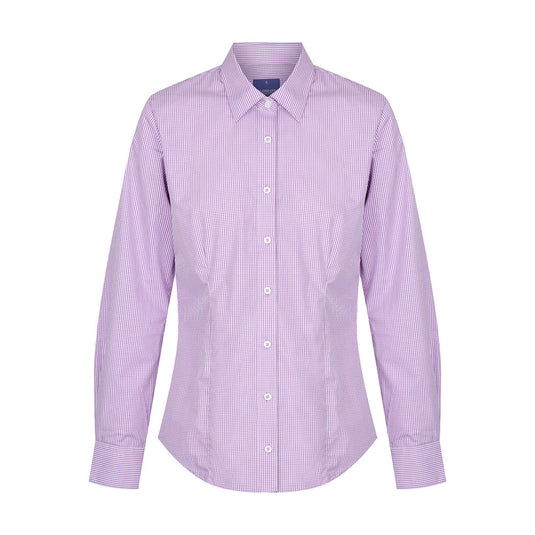 Westgarth Women's Gingham Long Sleeve Shirt featuring a purple and white checkered pattern, classic collar, placket front, and action back pleats, ideal for casual and workplace settings.