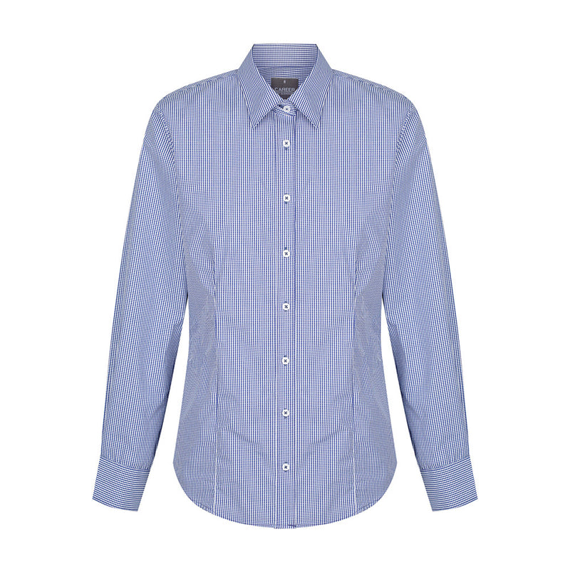 Load image into Gallery viewer, Westgarth Women's Gingham Long Sleeve Shirt featuring a contemporary fit, placket front, classic collar, action back pleats, and a hidden modesty button, ideal for professional or casual settings.