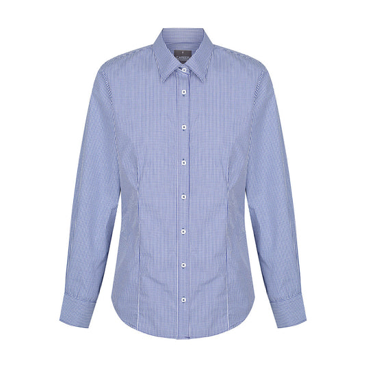 Westgarth Women's Gingham Long Sleeve Shirt featuring a contemporary fit, placket front, classic collar, action back pleats, and a hidden modesty button, ideal for professional or casual settings.
