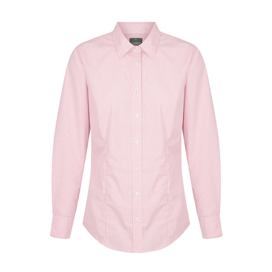 Westgarth Women's Gingham Long Sleeve Shirt featuring a contemporary fit, classic collar, and placket front. Designed with action back pleats and a hidden modesty button, perfect for workplace safety and style.
