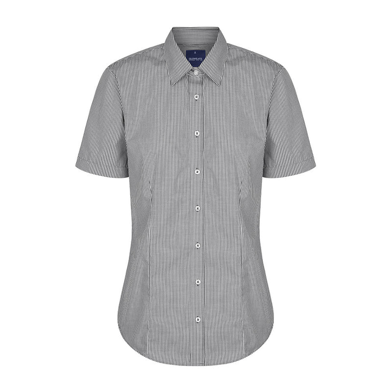 Load image into Gallery viewer, Westgarth Women's Gingham Short Sleeve Shirt featuring a black and white checkered pattern, contemporary fit, classic collar, and placket front, ideal for casual and workplace settings.