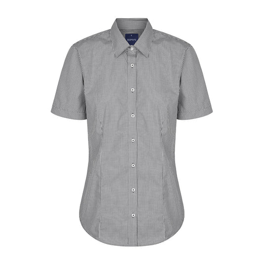 Westgarth Women's Gingham Short Sleeve Shirt featuring a black and white checkered pattern, contemporary fit, classic collar, and placket front, ideal for casual and workplace settings.