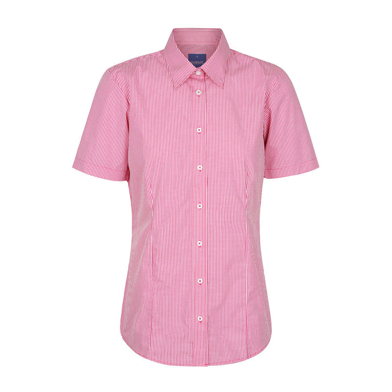 Load image into Gallery viewer, Westgarth Women's Gingham Short Sleeve Shirt featuring a contemporary fit with a placket front, classic collar, and action back pleats, ideal for casual workplace wear.