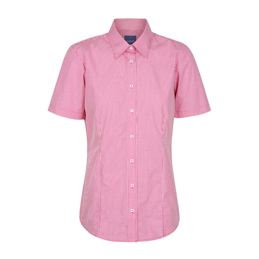 Westgarth Women's Gingham Short Sleeve Shirt featuring a contemporary fit with a placket front, classic collar, and action back pleats, ideal for casual workplace wear.