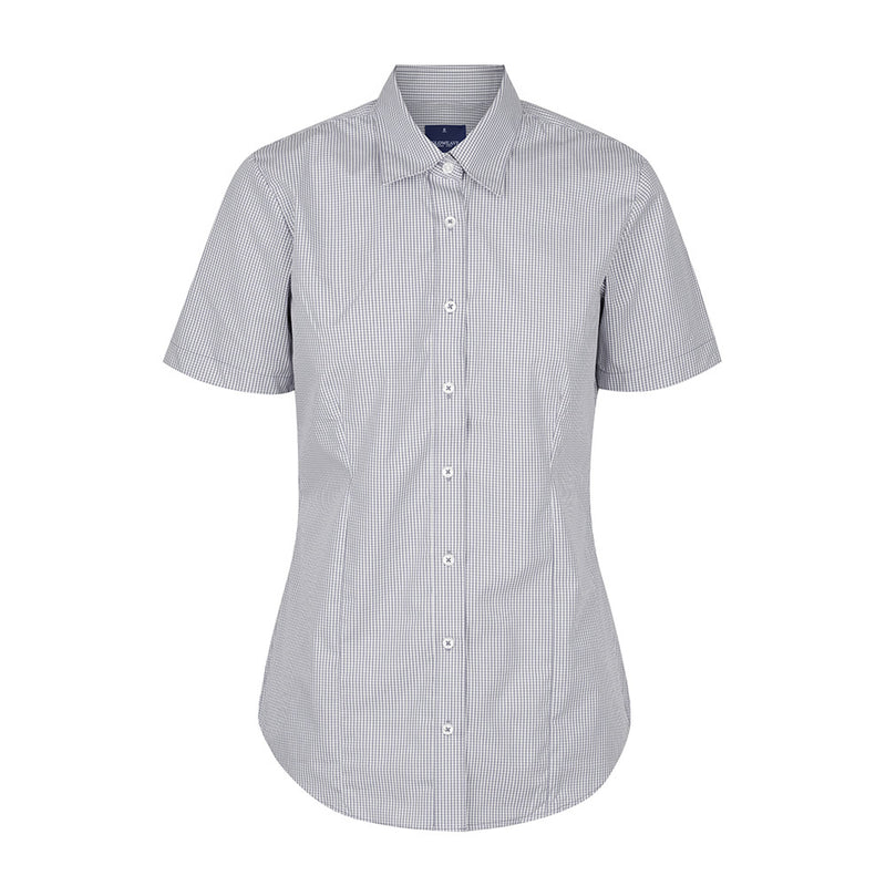 Load image into Gallery viewer, Westgarth Women's Gingham Short Sleeve Shirt with contemporary fit, classic collar, and placket front. Features action back pleats and hidden modesty button, ideal for a polished yet comfortable professional appearance.