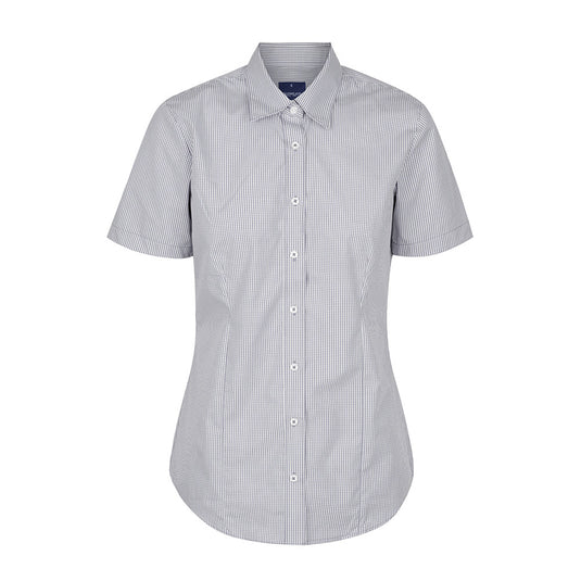 Westgarth Women's Gingham Short Sleeve Shirt with contemporary fit, classic collar, and placket front. Features action back pleats and hidden modesty button, ideal for a polished yet comfortable professional appearance.