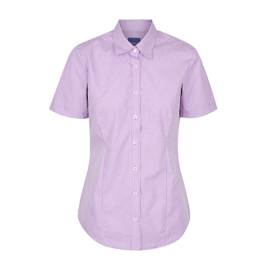 Westgarth Women's Gingham Short Sleeve Shirt features a pink and white checkered pattern, contemporary fit, placket front, and classic collar, ideal for a polished yet casual workplace look.