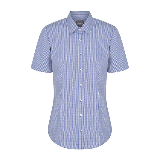Westgarth Women's Gingham Short Sleeve Shirt features a blue and white checkered pattern, classic collar, and placket front, designed for a contemporary fit, suitable for both casual and professional settings.