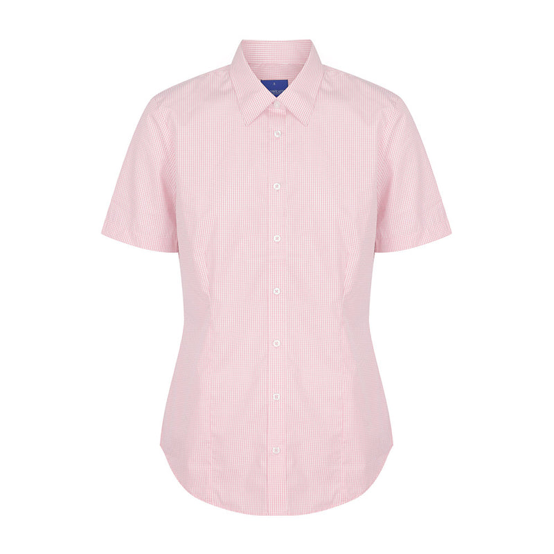 Load image into Gallery viewer, Westgarth Women's Gingham Short Sleeve Shirt featuring a contemporary fit, classic collar, and placket front. The design showcases action back pleats and a hidden modesty button for refined style.