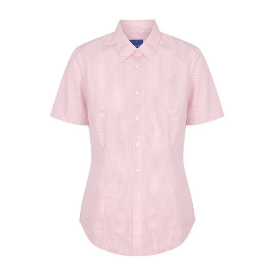 Westgarth Women's Gingham Short Sleeve Shirt featuring a contemporary fit, classic collar, and placket front. The design showcases action back pleats and a hidden modesty button for refined style.