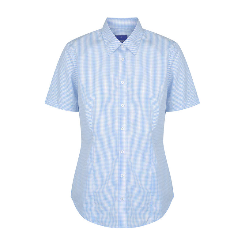 Load image into Gallery viewer, Westgarth Women's Gingham Short Sleeve Shirt, featuring a contemporary fit with a placket front and classic collar. Designed with action back pleats and a hidden modesty button for added comfort and discretion.