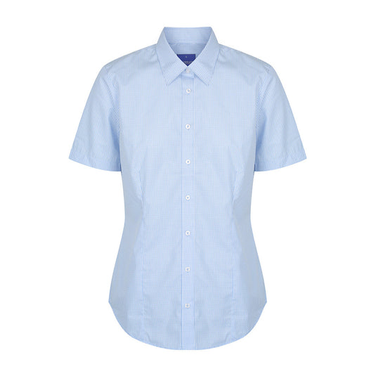 Westgarth Women's Gingham Short Sleeve Shirt, featuring a contemporary fit with a placket front and classic collar. Designed with action back pleats and a hidden modesty button for added comfort and discretion.
