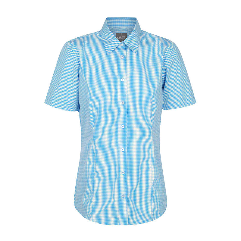 Load image into Gallery viewer, Westgarth Women's Gingham Short Sleeve Shirt featuring a blue and white checkered pattern, contemporary fit, classic collar, placket front, and action back pleats, perfectly suited for casual and workplace settings.