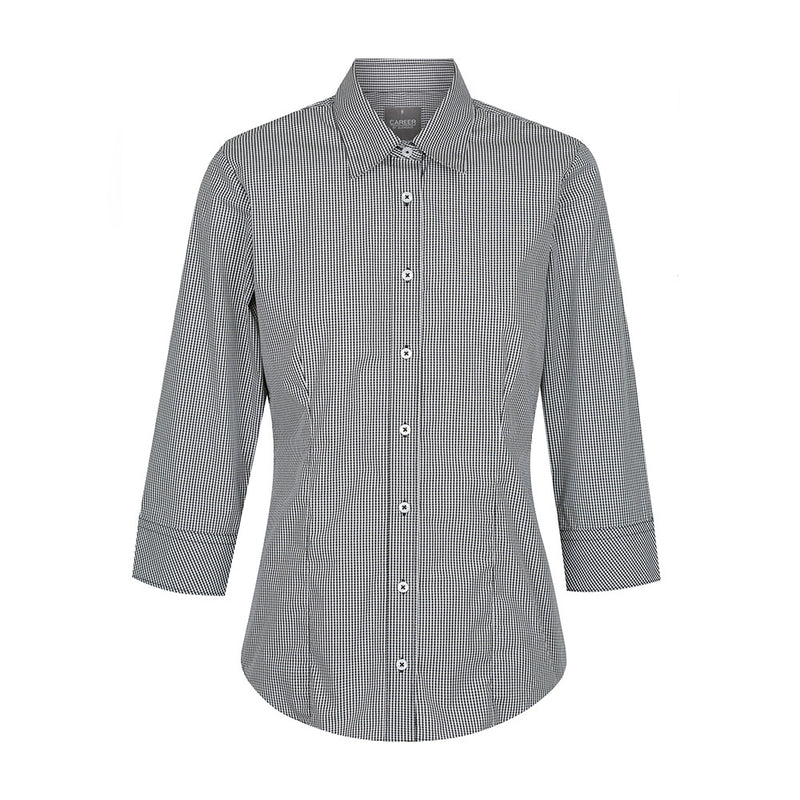 Load image into Gallery viewer, Wesgarth Womens Gingham 3/4 Sleeve Shirt, featuring a black and white checked pattern, contemporary fit, placket front, classic collar, and action back pleats, suitable for professional and uniform settings.