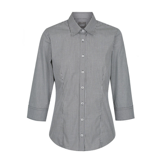 Wesgarth Womens Gingham 3/4 Sleeve Shirt, featuring a black and white checked pattern, contemporary fit, placket front, classic collar, and action back pleats, suitable for professional and uniform settings.