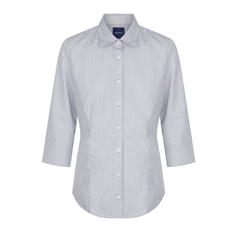 Load image into Gallery viewer, Wesgarth Womens Gingham 3/4 Sleeve Shirt featuring a classic collar, placket front, and action back pleats. Ideal for professional settings, it includes a hidden modesty button for enhanced comfort and fit.