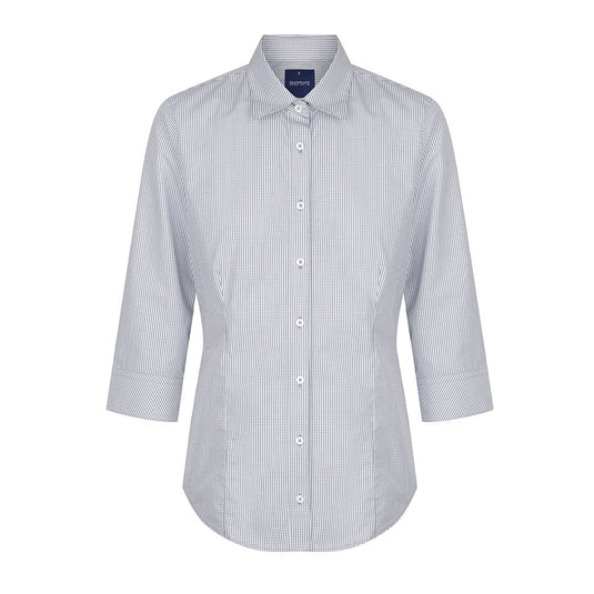 Wesgarth Womens Gingham 3/4 Sleeve Shirt featuring a classic collar, placket front, and action back pleats. Ideal for professional settings, it includes a hidden modesty button for enhanced comfort and fit.