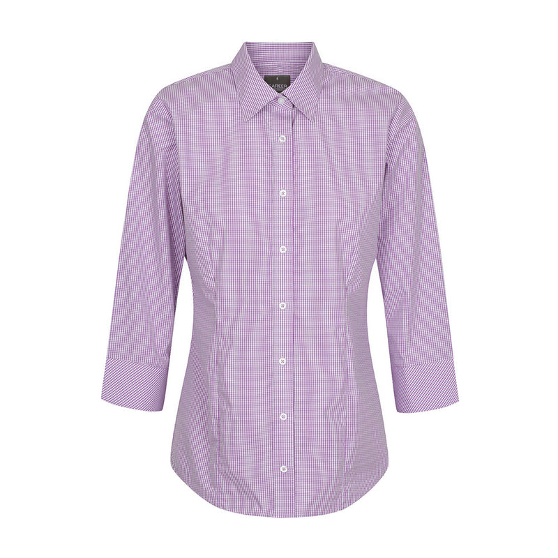 Load image into Gallery viewer, Wesgarth Womens Gingham 3/4 Sleeve Shirt features a classic collar and placket front, designed for a contemporary fit with action back pleats and a hidden modesty button, perfect for stylish workplace safety.