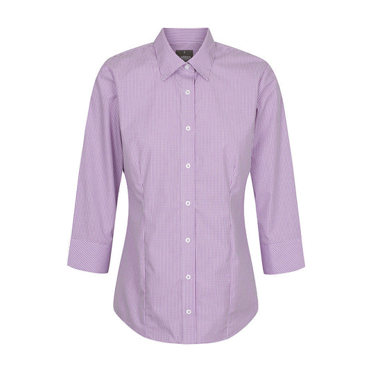 Wesgarth Womens Gingham 3/4 Sleeve Shirt features a classic collar and placket front, designed for a contemporary fit with action back pleats and a hidden modesty button, perfect for stylish workplace safety.