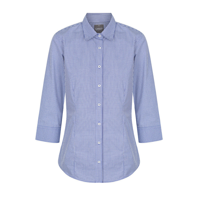 Load image into Gallery viewer, Wesgarth Womens Gingham 3/4 Sleeve Shirt featuring a contemporary fit with a classic collar, placket front, action back pleats, and hidden modesty button. Ideal for uniform and workplace settings.