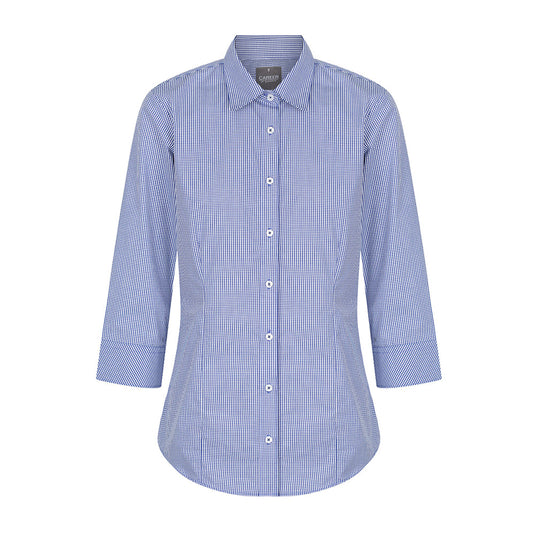 Wesgarth Womens Gingham 3/4 Sleeve Shirt featuring a contemporary fit with a classic collar, placket front, action back pleats, and hidden modesty button. Ideal for uniform and workplace settings.